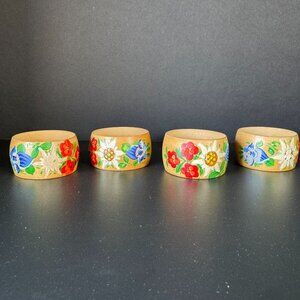 Vintage Boho Hand-Painted Wooden Napkin Ring With Floral Design Set Of 4 Rustic